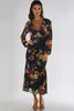 Black Floral V Neckline Midi Dress