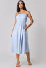 Blue Ruched Strappy Cotton Midi Dress