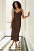 Yumi Brown Satin Cowl Neck Midi Slip Dress
