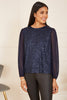 Yumi Navy Sequin Top With Sheer Sleeves