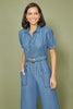 Yumi Blue Cotton Chambray Button Up Jumpsuit