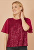 Yumi Burgundy Sequin Top With Sheer Sleeves And Cut Out Back