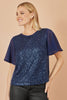 Yumi Navy Sequin Top With Sheer Sleeves And Cut Out Back