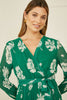 Yumi Green Floral Pleated Midi Wrap Long Sleeve Dress