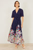 Yumi Navy Mesh Wrap Midi Dress With Floral Hem Border