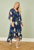 Yumi Navy Bird and Floral Print Midi Wrap Dress