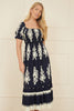 Yumi Navy Block Print Viscose Ruched Midi Dress