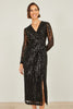 Yumi Black Sequin Midi Wrap Dress With Split Hemline And Long Sleeves