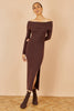 Yumi Brown Bardot Knitted Fitted Midi Dress