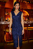 Yumi Navy Sequin Fitted Wrap Dress With Split Hem