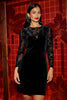 Yumi Black Fitted Velvet Dress With Sheer Floral Sleeves