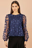 Yumi Navy Sheer Sleeve Applique Flower Top