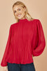 Yumi Red Pleated Long Sleeve Top With High Neck