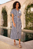 Yumi Navy Stripe Print Relaxed Midi Shirt Dress With Belt
