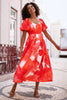 Yumi Red Viscose Floral Midi Dress With Puff Sleeves
