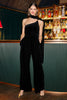 Yumi Black Velvet One Shoulder Jumpsuit With Scarf