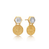 Thea Hexagon Gemstone Stud Earrings with Ornate Coins: Mother of Pearl with Crystal