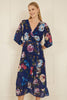 Yumi Navy Watercolour Dip Hem Midi Wrap Dress