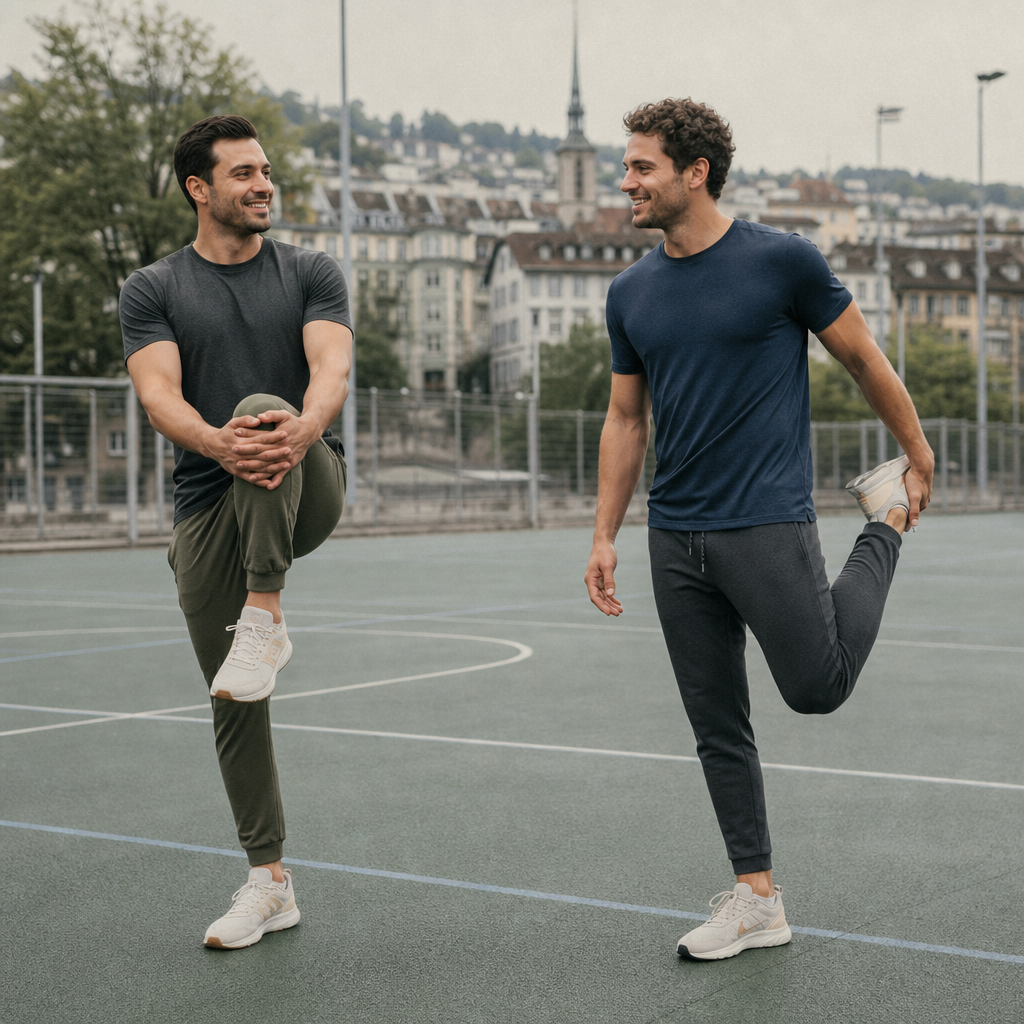 Two men stretching together on an outdoor sports court
