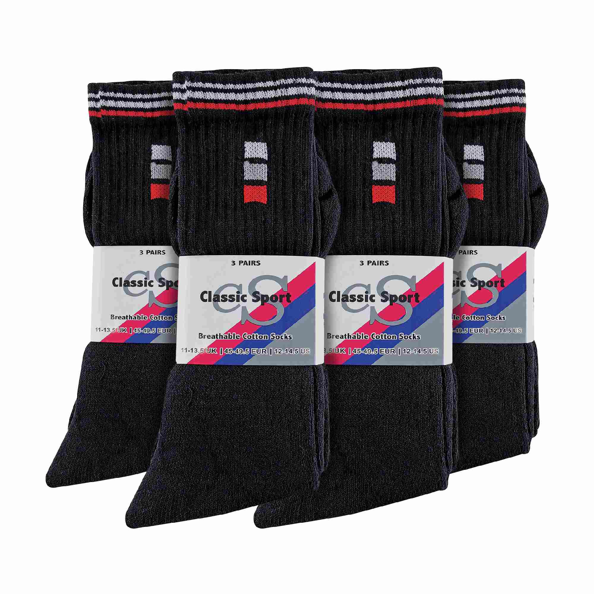 Mens Retro Stripe Cotton Sports Socks in White & Black (Multipack Options)