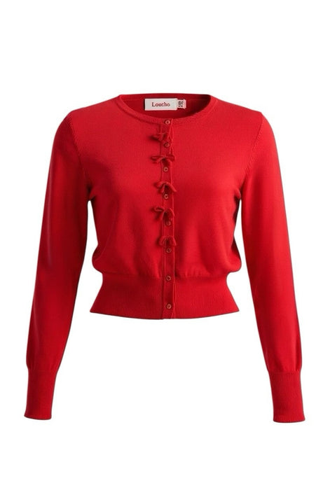 Ives Bow Trimmed Cardigan - Red