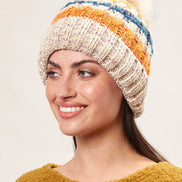 Louche Orla Striped Knitted Beanie With Faux Fur Bobble - White