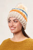 Louche Orla Striped Knitted Beanie With Faux Fur Bobble - White