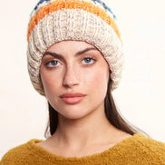 Louche Orla Striped Knitted Beanie With Faux Fur Bobble - White