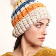 Louche Orla Striped Knitted Beanie With Faux Fur Bobble - White