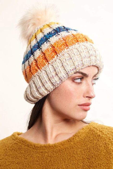 Louche Orla Striped Knitted Beanie With Faux Fur Bobble - White