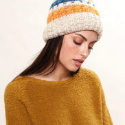 Louche Orla Striped Knitted Beanie With Faux Fur Bobble - White