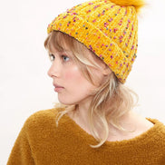 Louche Shannon Knitted Nep Beanie With Faux Fur Bobble - Mustard