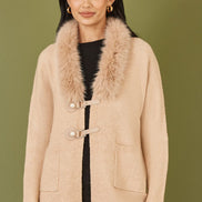 Yumi Oatmeal Cardigan with Detachable Fur Collar Trim
