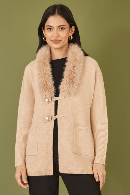 Yumi Oatmeal Cardigan with Detachable Fur Collar Trim