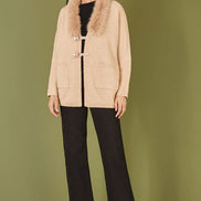 Yumi Oatmeal Cardigan with Detachable Fur Collar Trim