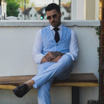 TP-12 - Men's Summer Suit Waistcoat Trousers Linen Formal Royal Blue Wedding