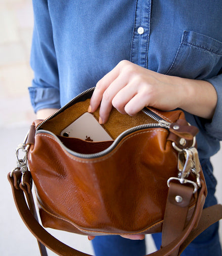 ROBIN Leather Handbag with Two Handles - Ginger Brown