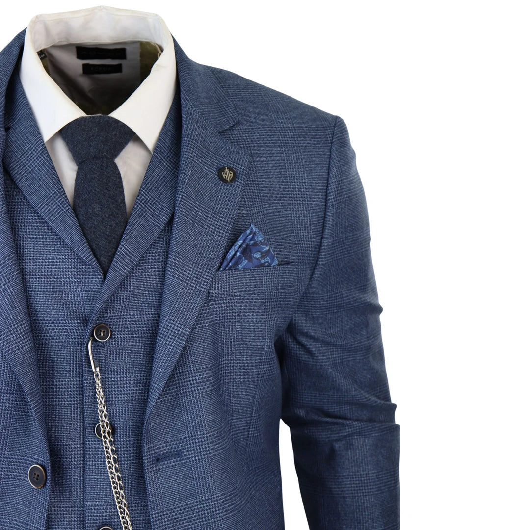 AK-09 - Men's 3 Piece Blue Prince of Wales Check Suit