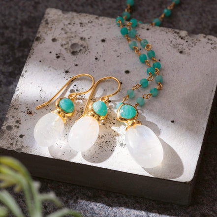 Persephone Double Gemstone Earrings Moonstone & Amazonite