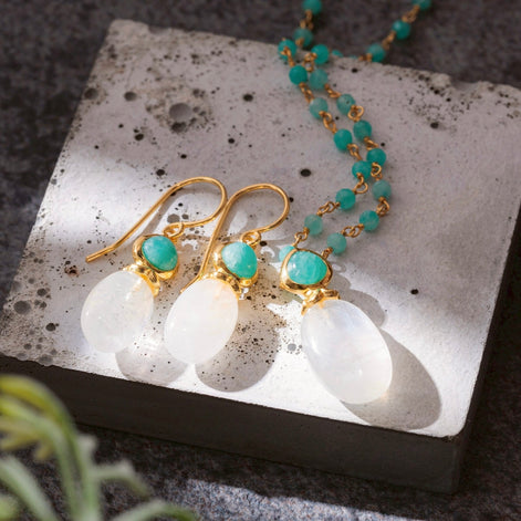 Persephone Double Gemstone Earrings Moonstone & Amazonite
