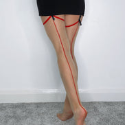 Back Seam Tan and Red 1D Oil Shine Stockings