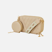 Yumi Beige Quilted Camera Bag with Cross Body Woven Strap