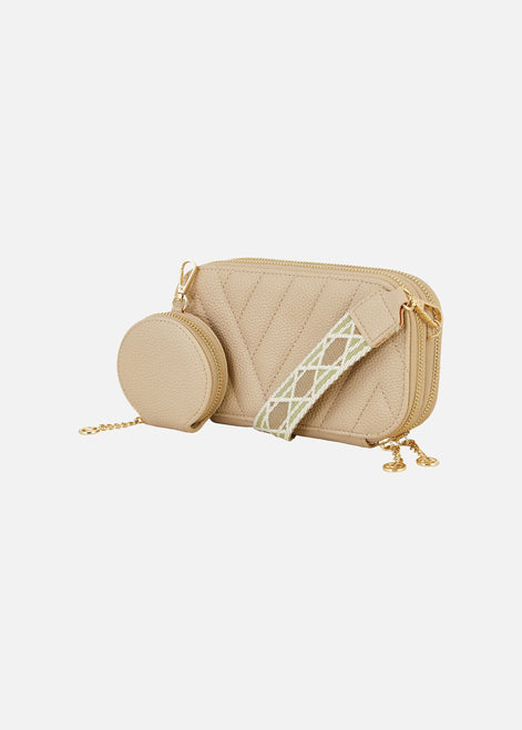 Yumi Beige Quilted Camera Bag with Cross Body Woven Strap