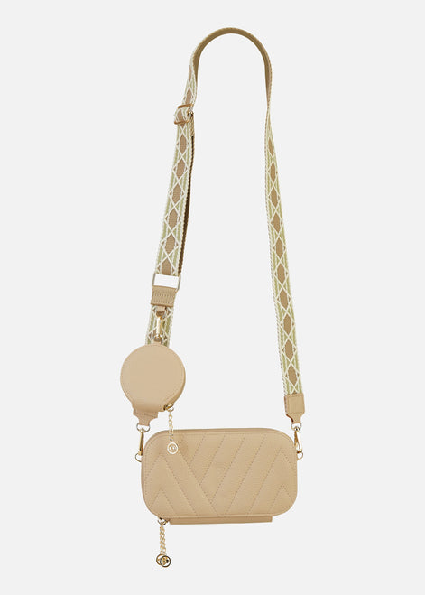 Yumi Beige Quilted Camera Bag with Cross Body Woven Strap