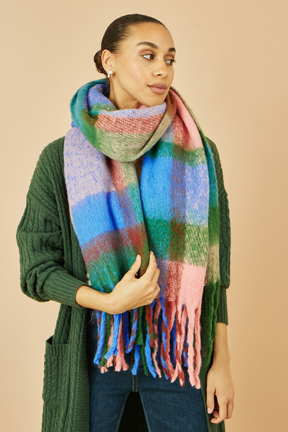 Yumi Blue and Pink Check Soft Scarf