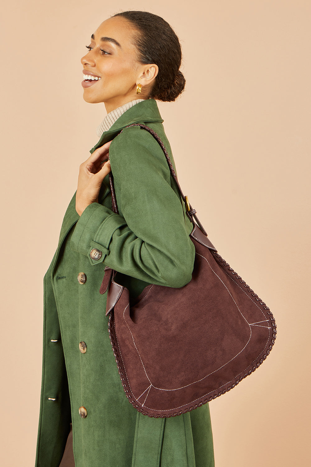 Yumi Brown Faux Suede Stitching Detail Bag