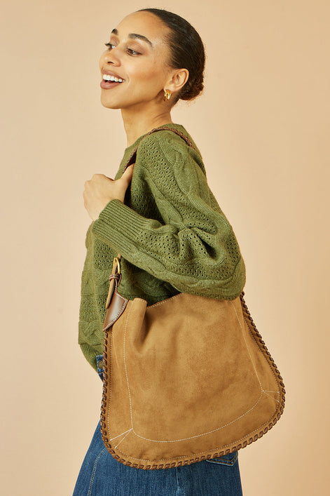 Yumi Tan Faux Suede Stitching Detail Bag