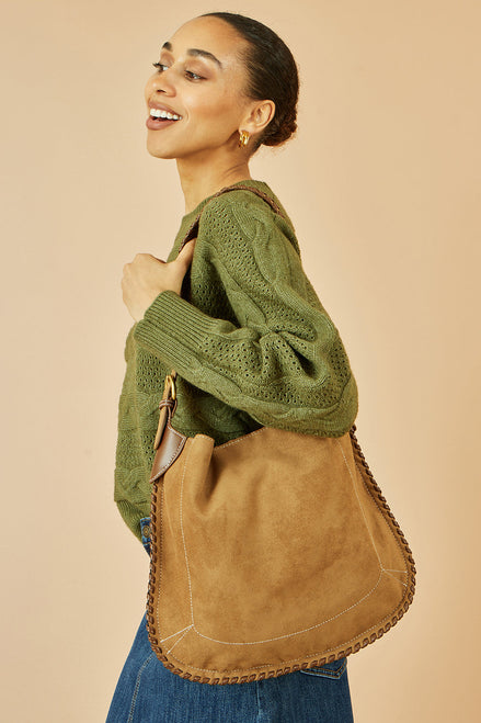 Yumi Tan Faux Suede Stitching Detail Bag