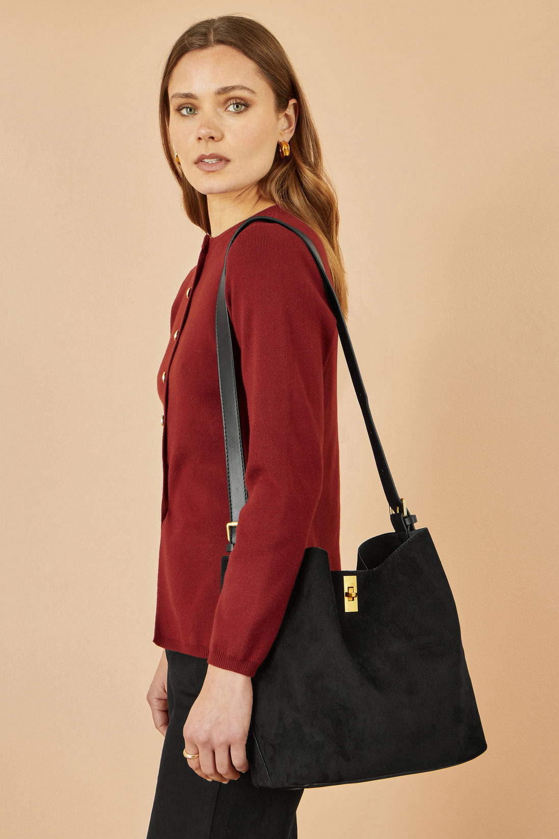 Yumi Black Faux Suede Bag with Inside Pouch