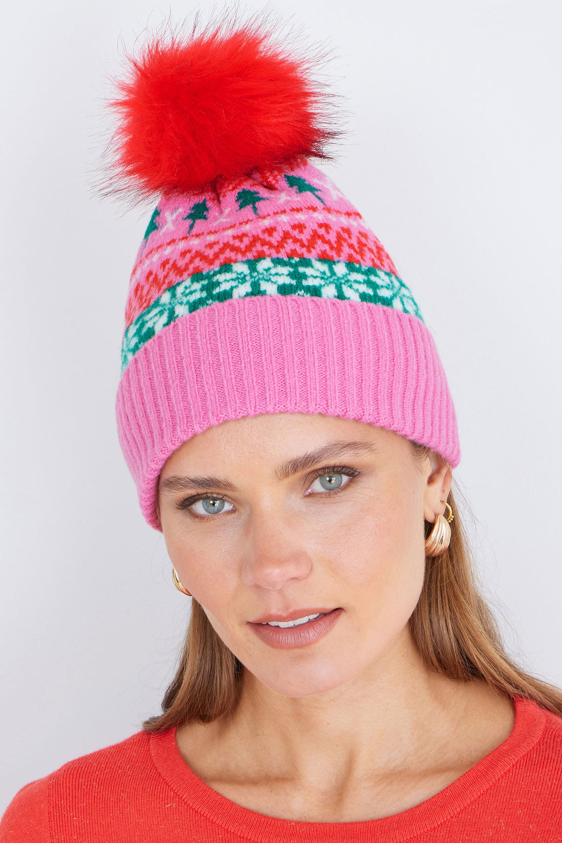 Yumi Pink Festive Fairisle Hat with Fur Pom Pom
